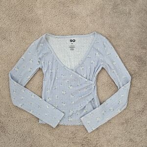 SO Baby Blue Floral Wrap Long Sleeve Top Size Xs